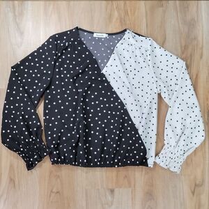 💚Kaywide Black & White Polka Dot Front Crisscross Blouse Large